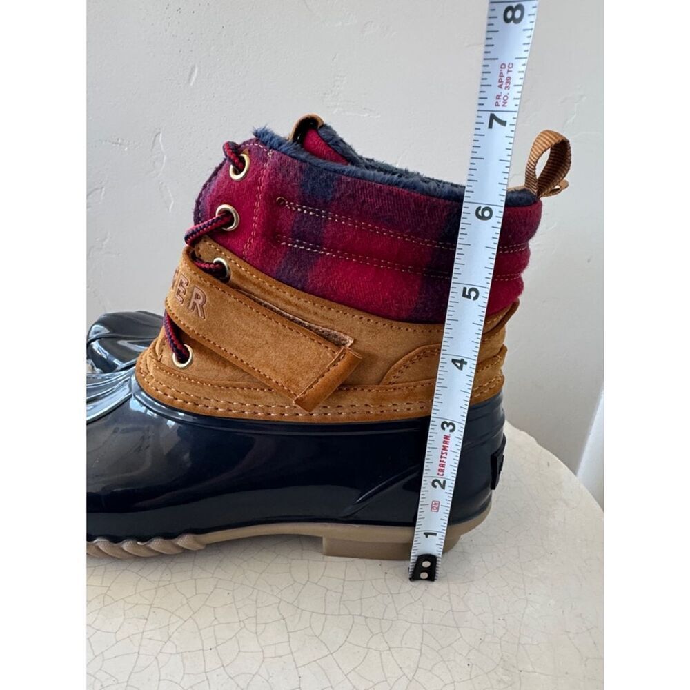 Tommy Hilfiger Navy and Tan Rubber Duck Rain Boots Faux-Fur Lined Plaid Size 7M - Picture 7 of 12
